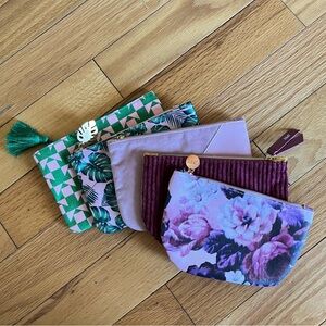 Set of 5 Ipsy Floral and Geometric Cosmetic Bags in Greens and Pinks